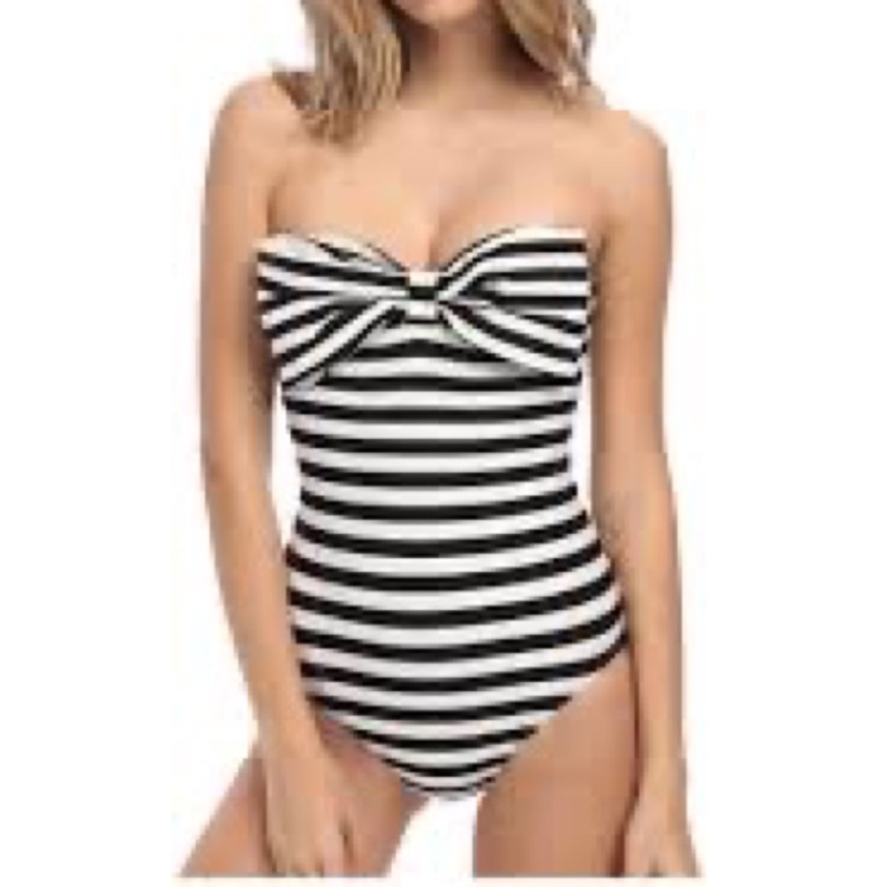 Black and white bow stripe swim suit bandeau one piece